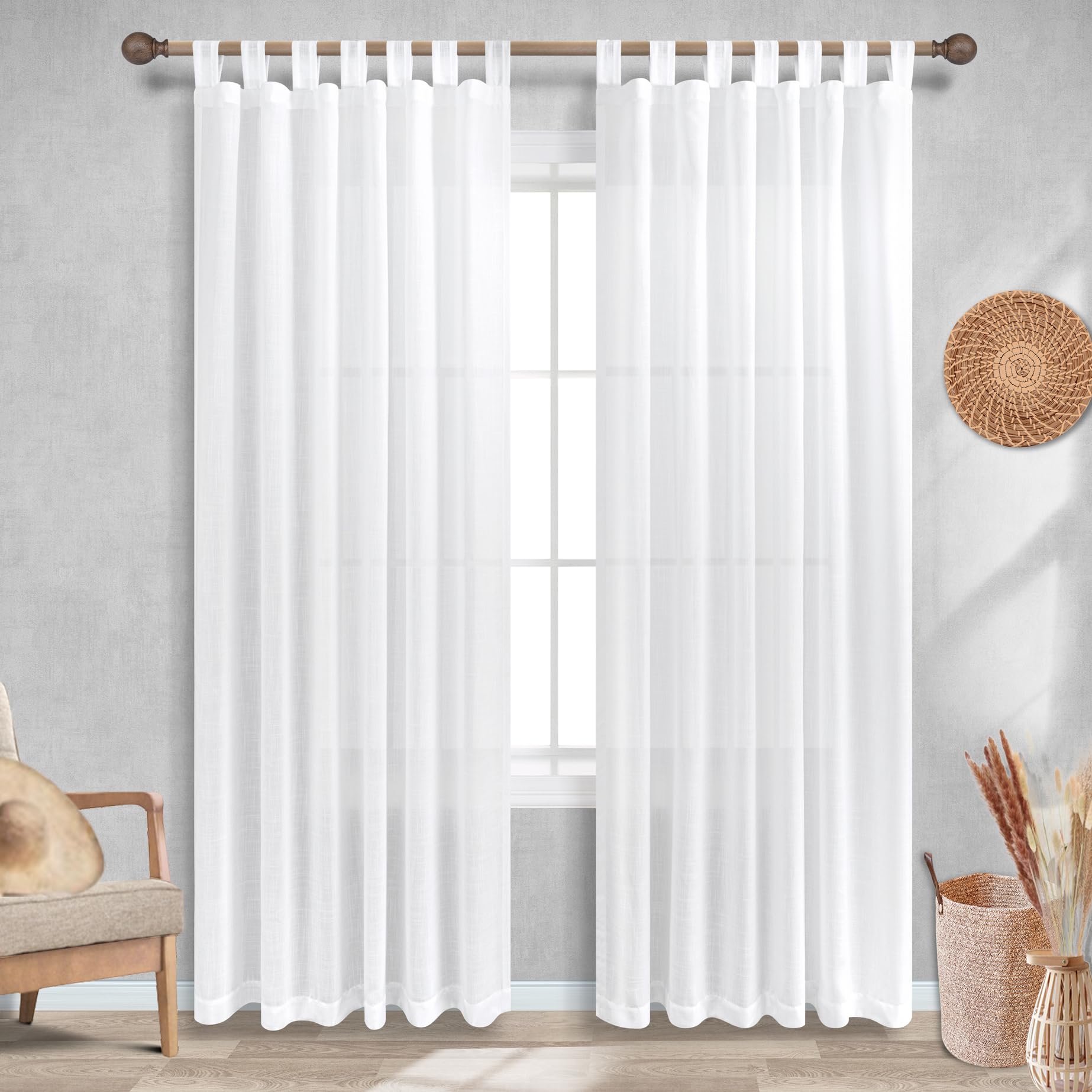 Koufall 90 Inch Curtains Long,White Linen Sheer Semi Light Filtering Country Farmhouse Boho Window Treatments For Living Room Bedroom