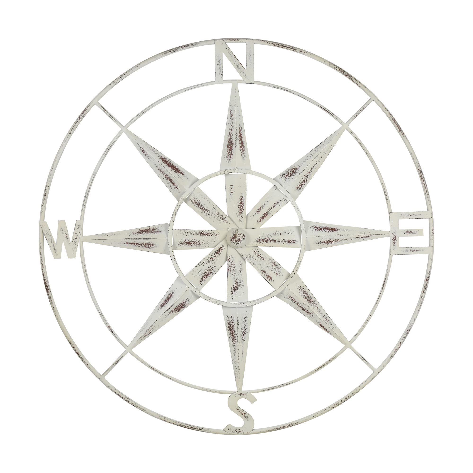 HomeRoots 100% Metal Nautical Compass Metal Wall Decor with Distressed White Finish
