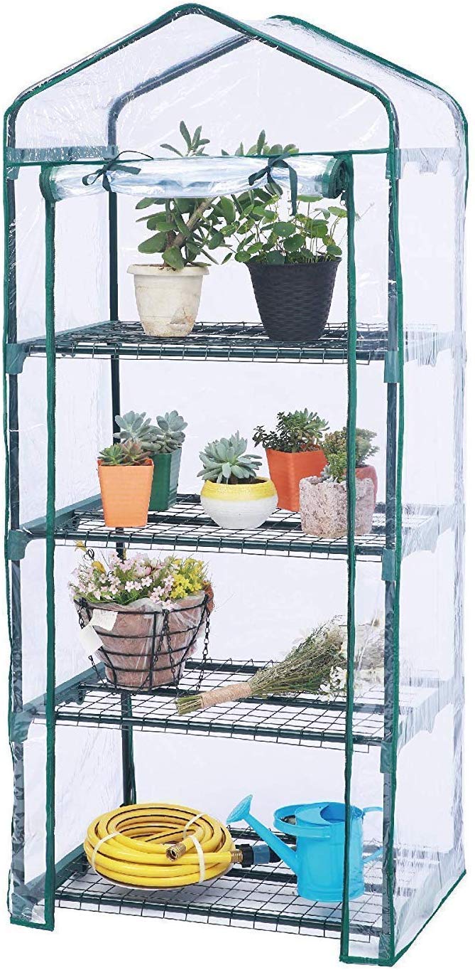 Worth Garden 4 Tier Mini Greenhouse - 63' H X 27' L X 19' W - Sturdy Portable Gardening Shelves With Pvc Cover - Small Green