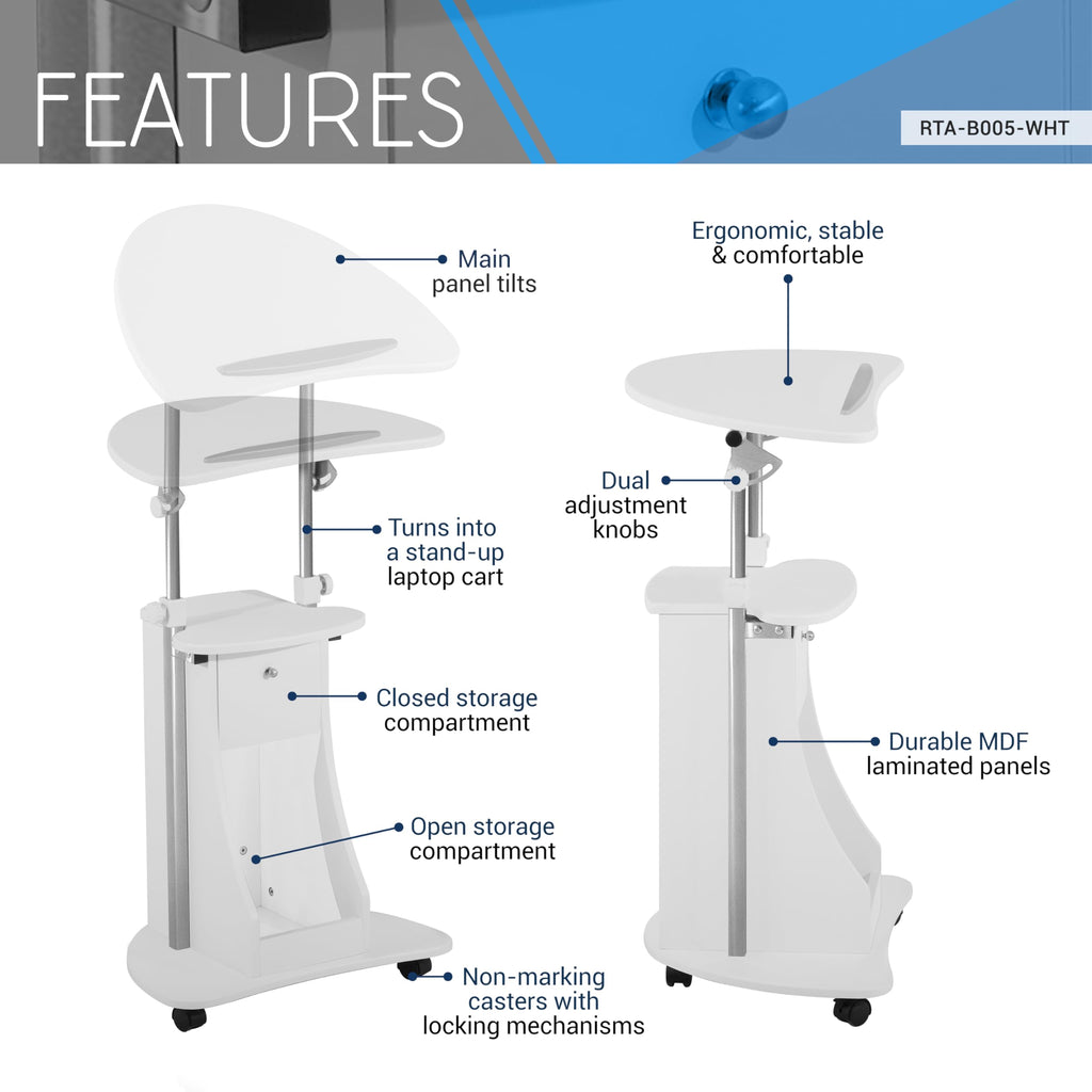 Techni Mobili Adjustable Height Rolling Laptop Cart, Sit to Stand Desk with Storage, White Podium Stand or Medical Cart