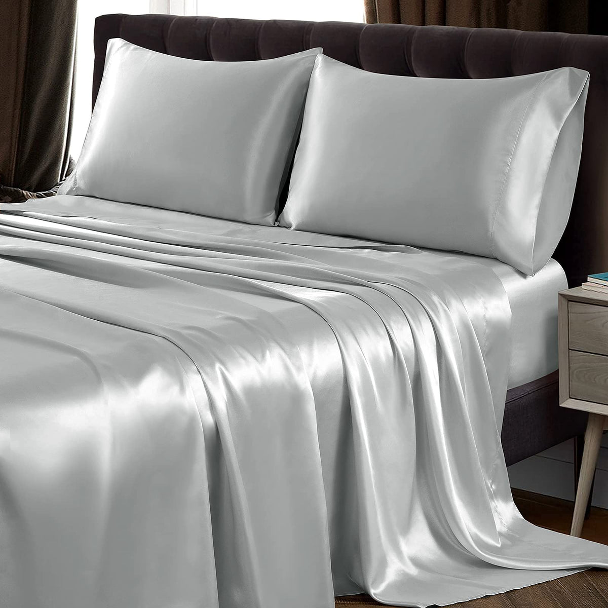 Siinvdabzx 4Pcs Satin Sheet Set Queen Size Ultra Silky Soft Light Grey Satin Queen Bed Sheets With Deep Pocket, 1 Fitted Sheet,