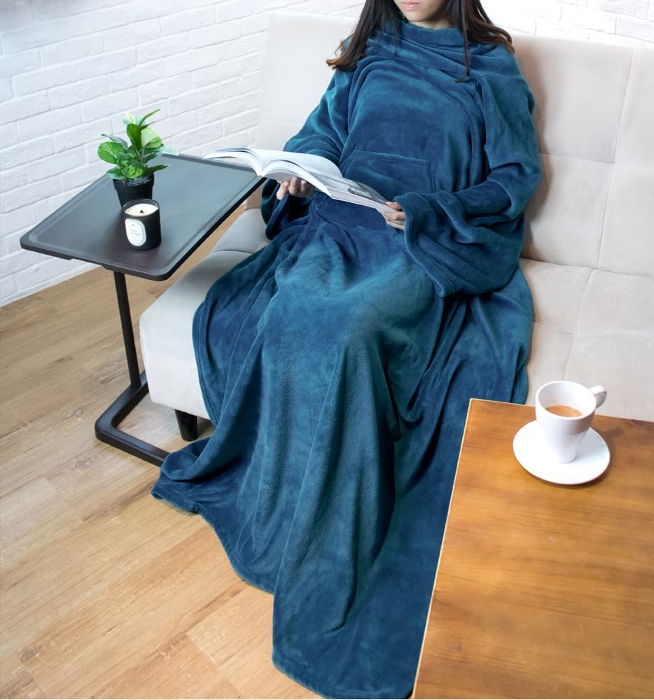 Pavilia Teal Blue Fleece Wearable Blanket With Sleeves For Adults Women Men, Soft Warm Full Body Wrap Throw, Sweatshirt Pocket,