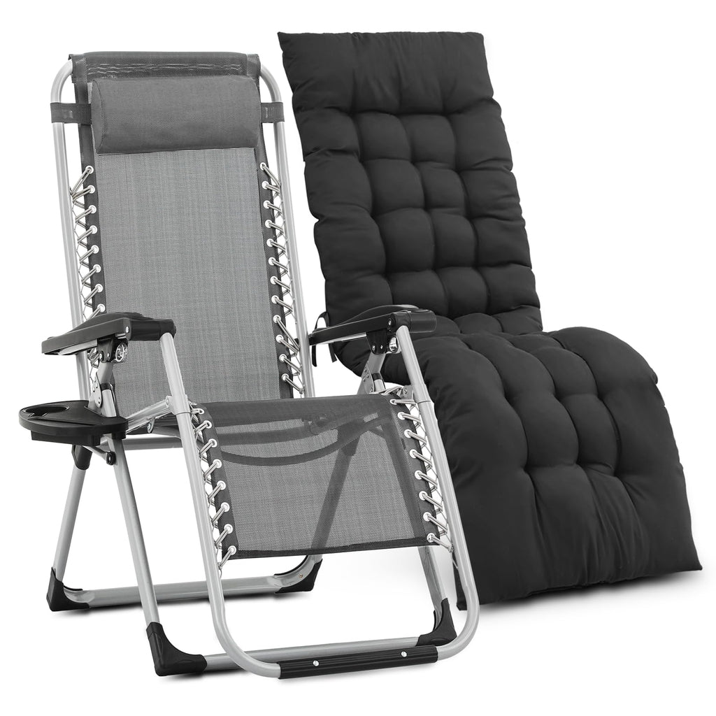 Monibloom Beach Chaise Lounge Chair, Patio Folding Recliner With Removable Cushion, Headrest & Tray, Portable Tanning Sunbathing Chair For Poolside Beach Porch Yard, Reinforced Bar, 330Lbs Grey