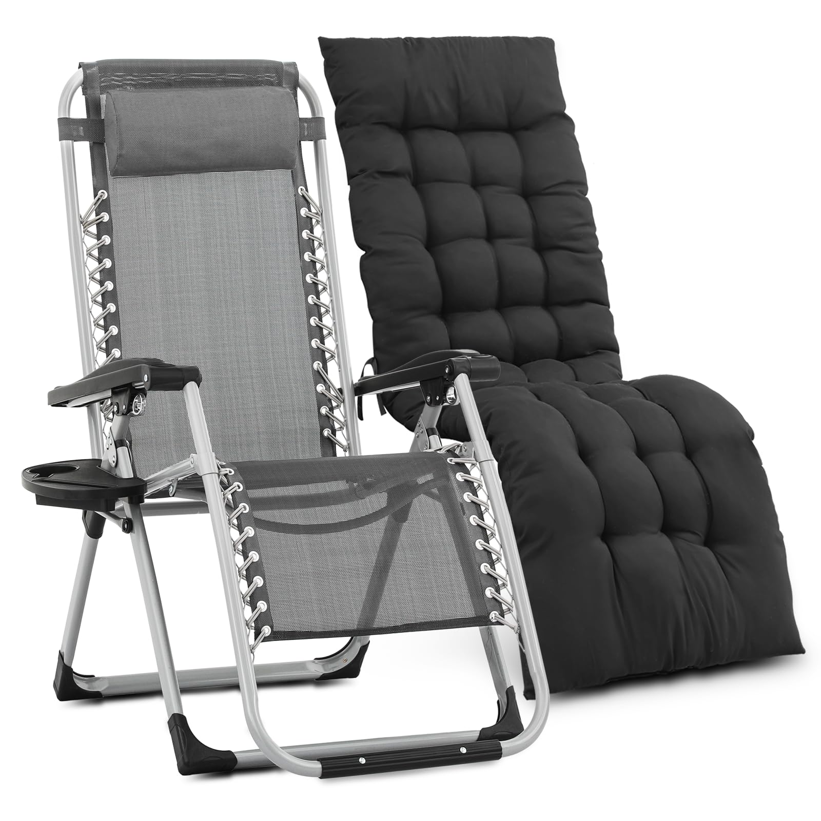 Monibloom Beach Chaise Lounge Chair, Patio Folding Recliner With Removable Cushion, Headrest & Tray, Portable Tanning Sunbathing Chair For Poolside Beach Porch Yard, Reinforced Bar, 330Lbs Grey