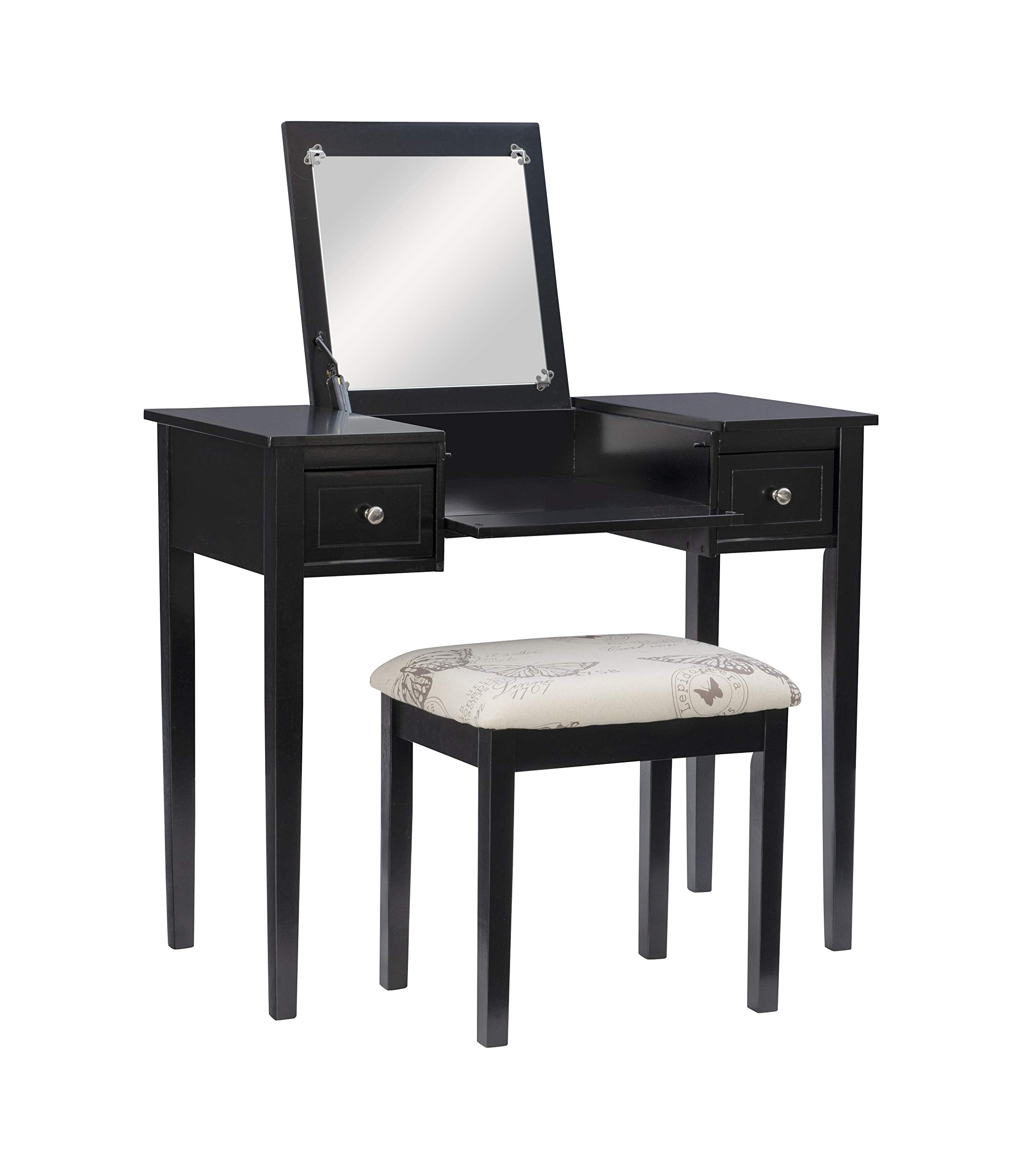 Linon Home Dcor Linon Black Butterfly Stool Vanity Set with Bench, 36w x 18d x 30h,