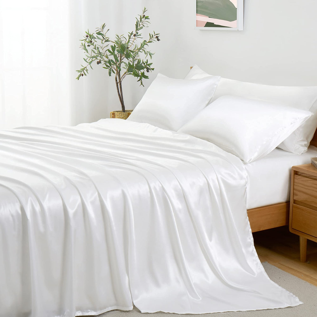 Entisn 5Pcs White Satin Sheets For Full Size Bed + Body Pillow Cover, Silky Satin Bed Sheets Set - Breathable & Ultra Soft, Luxu