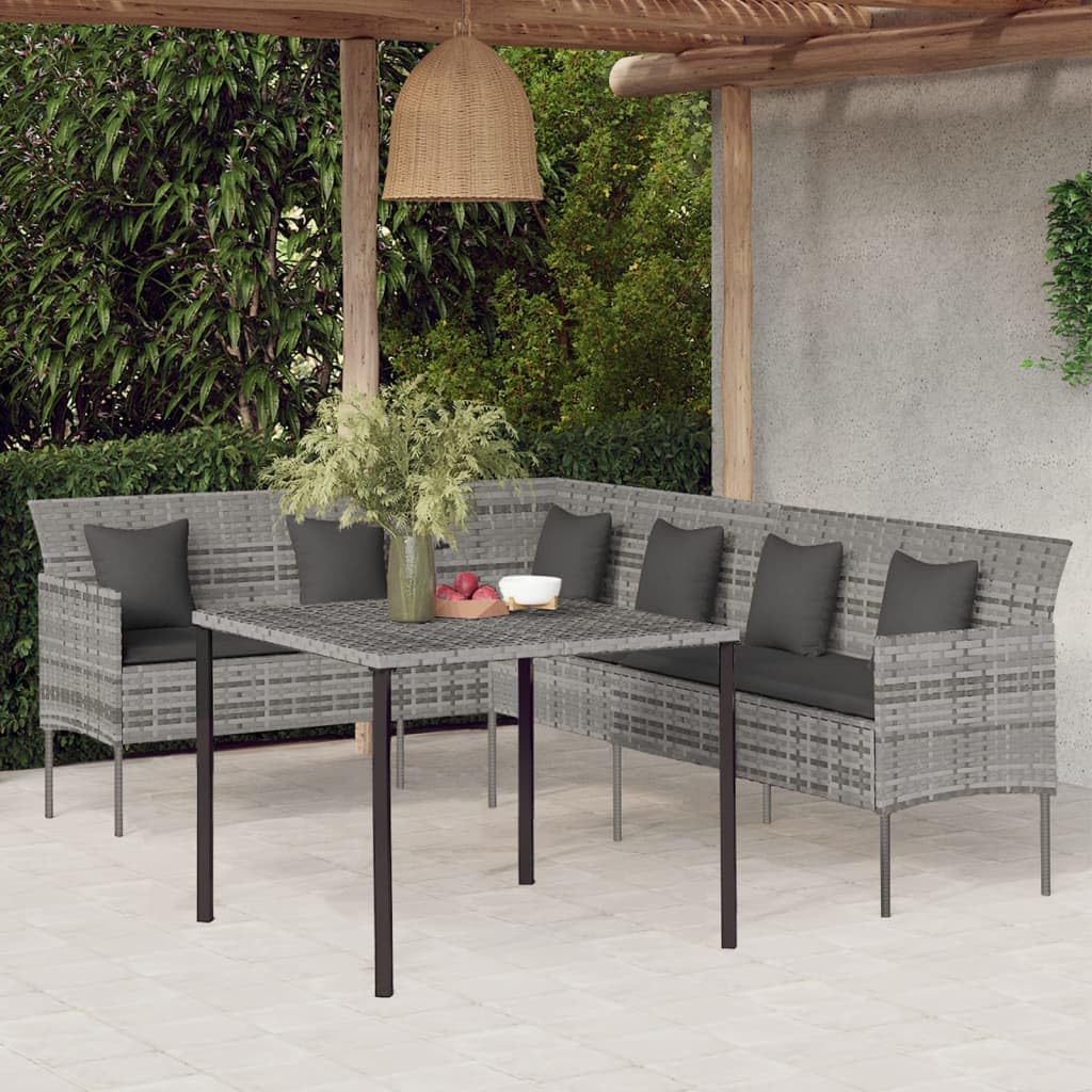 vidaXL Poly Rattan Patio Dining Set - Gray with Cushions - Includes L-Shaped Sofa and Square Table for Garden, Deck or Patio