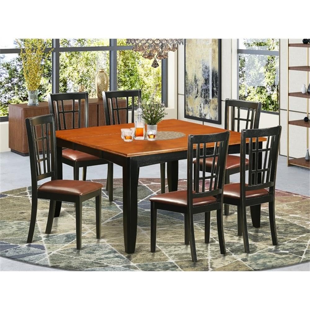 East West Furniture PFNI7-BCH-LC 7 Piece Dining Table Set Consist of a Square Wooden Table with Butterfly Leaf and 6 Faux Leather Dining Room Chairs, 54x54 Inch, Black & Cherry