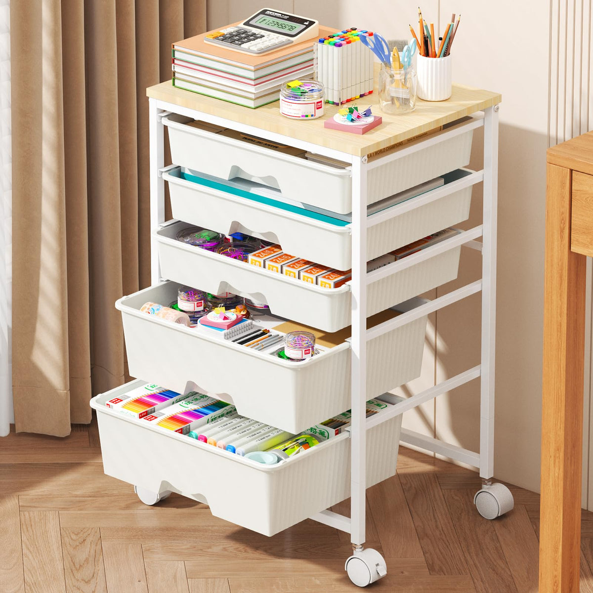 Goovilla Rolling Cart with 5 Drawers for Craft, Art, Dorm, Office, White