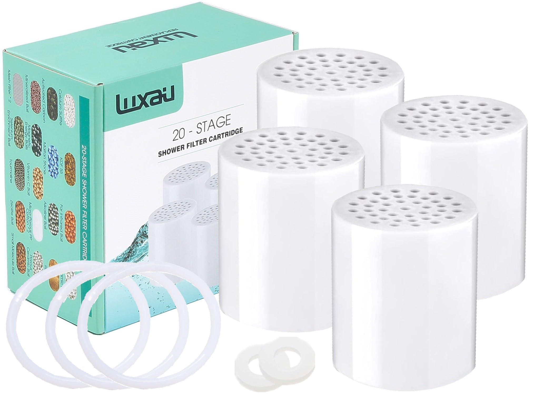 4 Pc Luxau 20 Stage (Also Fit 15, 18 Stage) Shower Filter Replacement Cartridge, Shower Head Filter Refill, for Hard Water Chlor