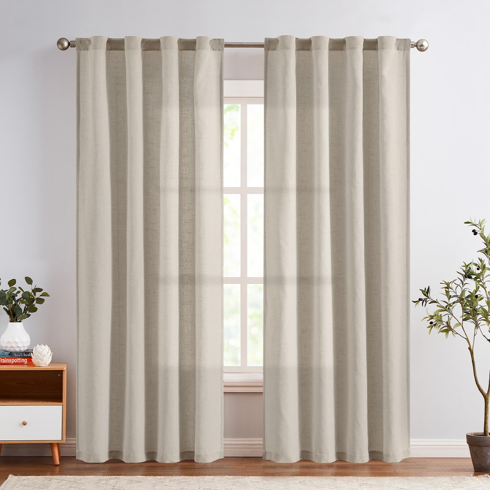 Jinchan Linen Blend Curtains 90 Inches Long For Living Room Oat Farmhouse Rod Pocket Back Tab Light Filtering Window Drapes For Bedroom Curtains 2 Panels