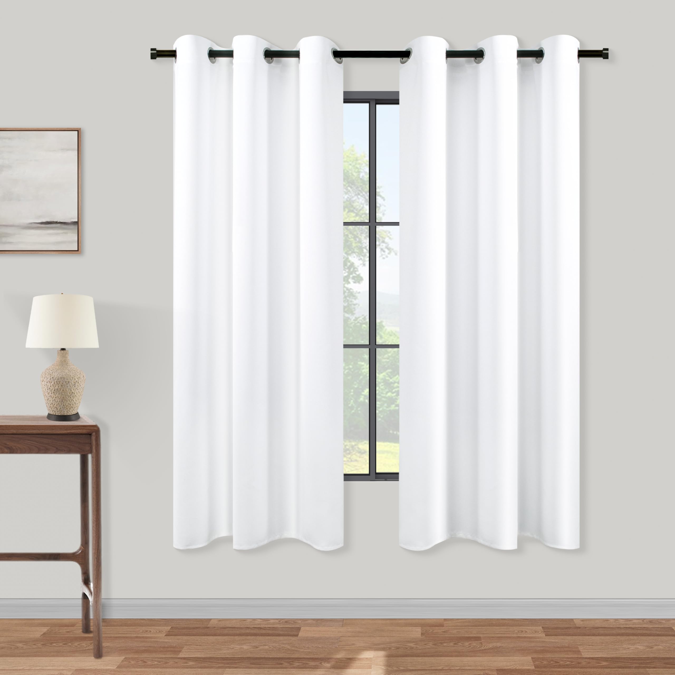 KOUFALL White Curtains 63 Inch Length 2 Panels Set Grommet Lightweight 60-70% Blackout Energy Saving Opaque Semi Black Out Simpl