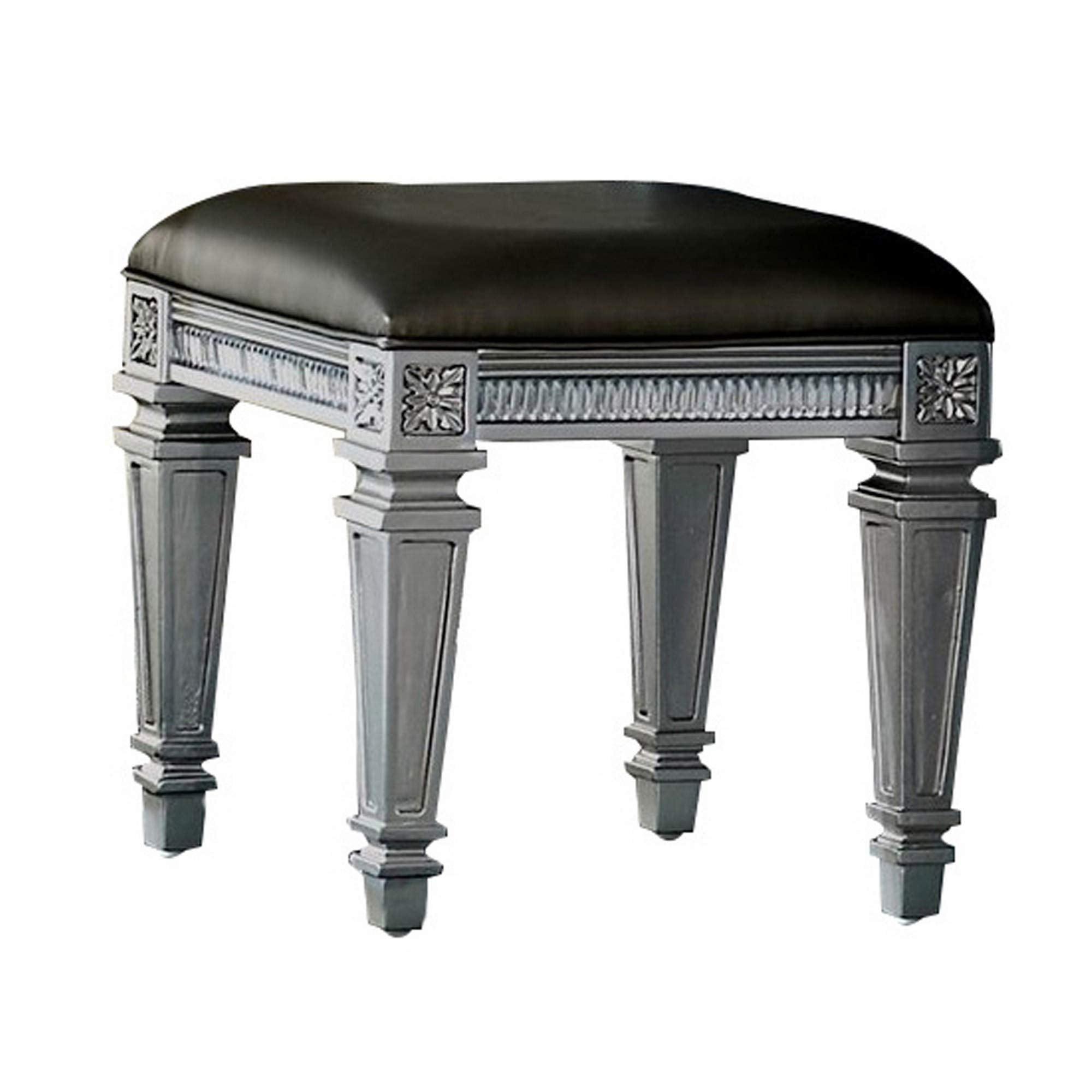 Benjara Wooden Vanity Stool Wit Leatherette Seat And Faux Crystal Accents, Gray