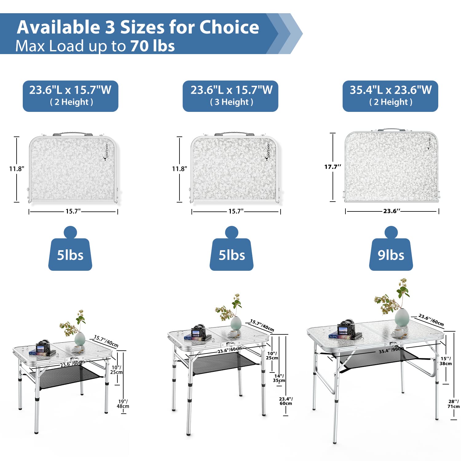 Sportneer Camping Table, 23.6' L X 15.7' W Adjustable Height Small Folding Table With Mesh Layer Portable Camp Tables With Aluminum Legs For Outdoor Camp Picnic Beach Bbq Cooking (2 Height)