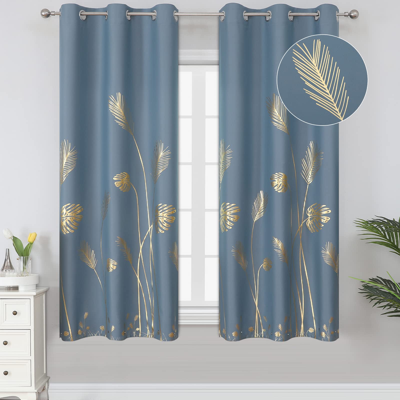 Estelar Textiler Stone Blue Blackout Curtains For Living Room, Room Darkening Curtains With Gold Palm Tree Pattern, Light Blocki