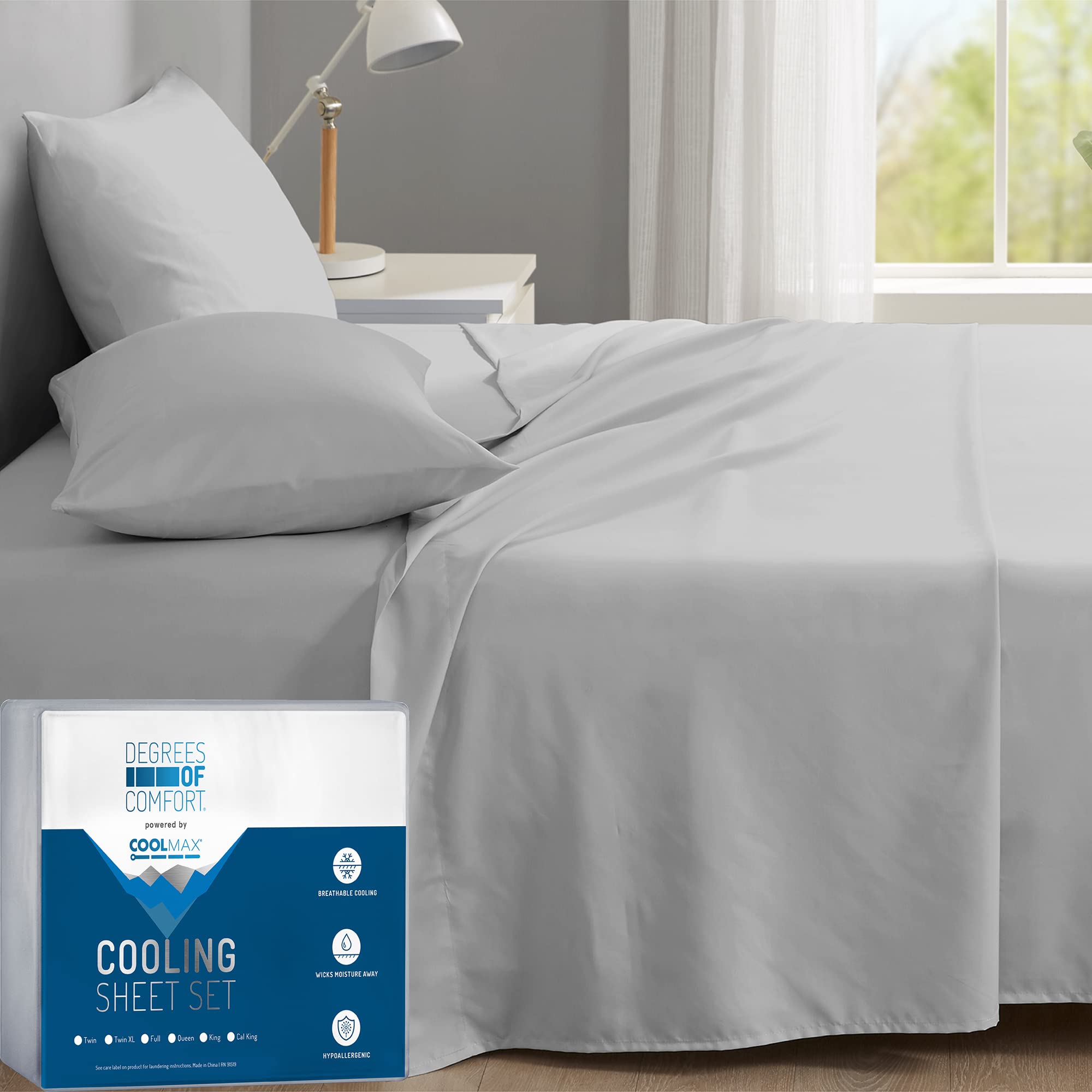Degrees Of Comfort Coolmax Cooling Sheets For King Size Bed | Best Sheet Set For Hot Sleepers | Soft, Deep Pocket, Light Grey, 4