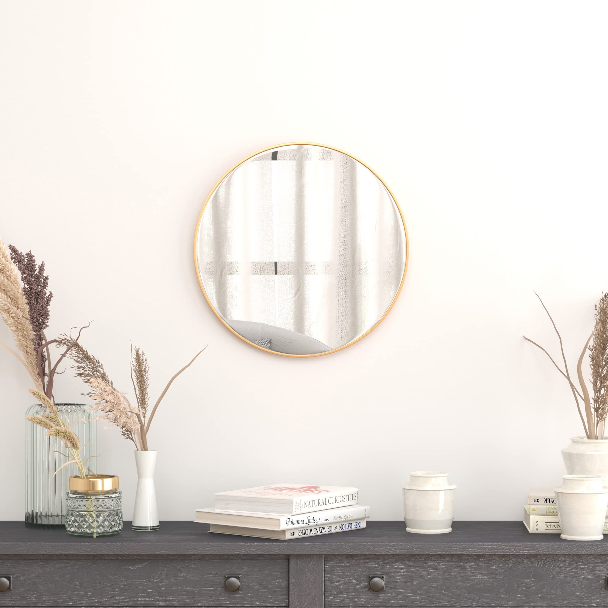 Flash Furniture Julianne Large Round Wall Mirror - Gold Circle Accent Mirror - 20&quot; Vanity Mirror - For Bathroom, Vanity, Entryway, Dining Room, & Living Room