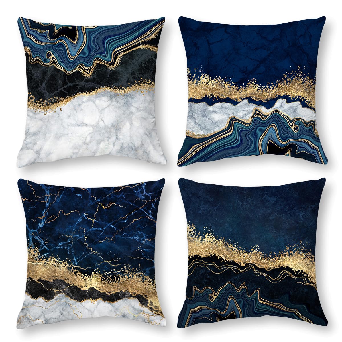 Bapcoku Navy Blue Grey Gold Pillows Covers Set Of 4 Marble Blue Decorative Throw Pillows Cover For Couch Sofa Bed Abstract Marbl