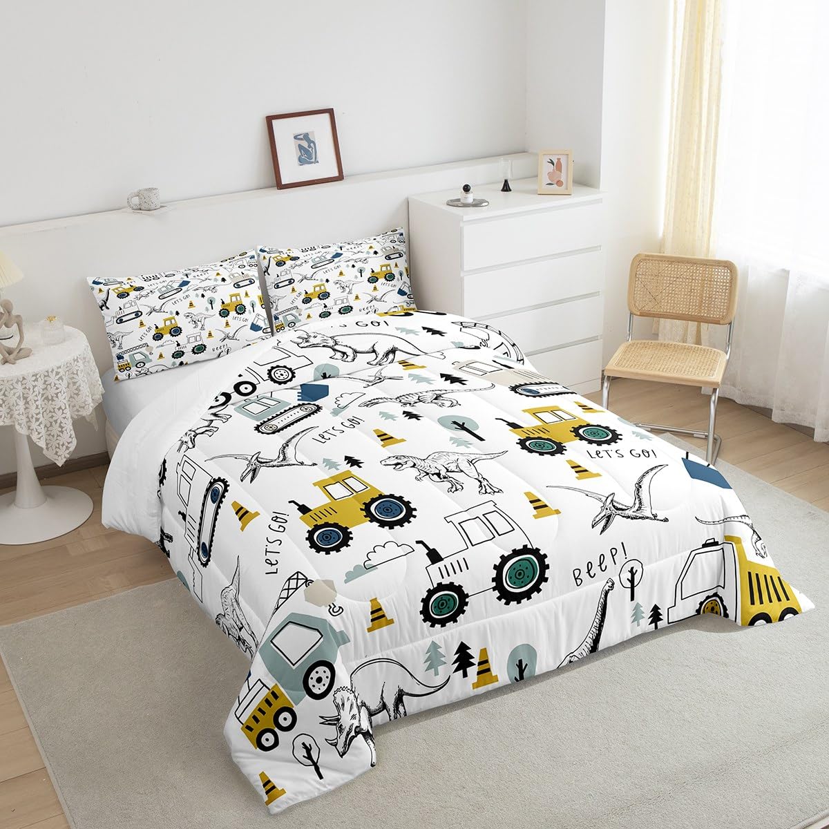 Construction Comforter Set Full Size Kids Cartoon Car Excavator Tractor Toddler Comforter Equipment Trucks Dinosaur Comforter Se