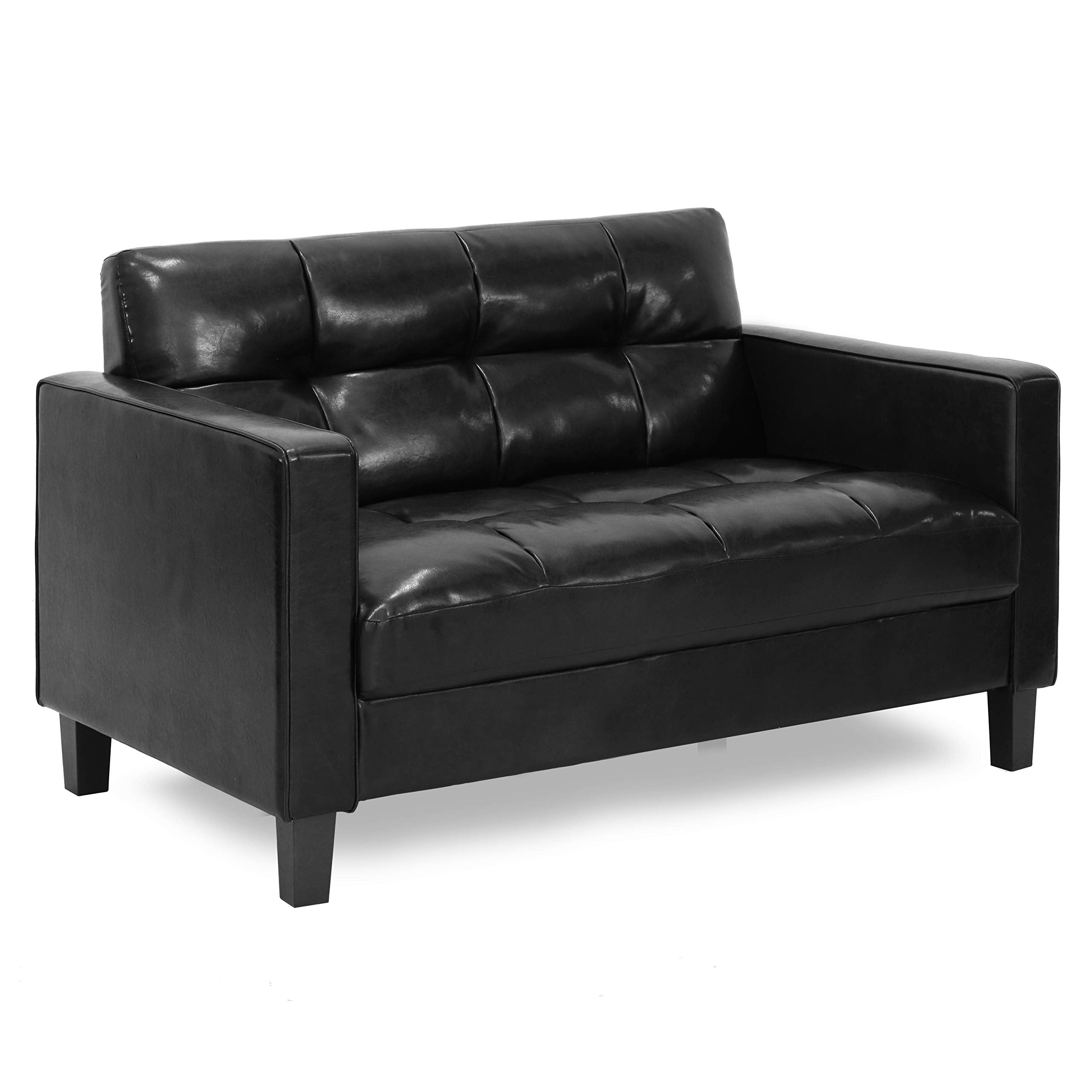 Furinno Brive Contemporary Tufted Faux Leather Loveseat/Sofa Couch For Living Room, Black Faux Leather