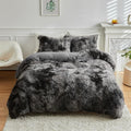 Wajade Faux Fur Plush Tie Dye Dark Grey White Comforter Set Fluffy Fuzzy Shaggy Bedding Set - 3Pc Queen Size Microfiber Soft War