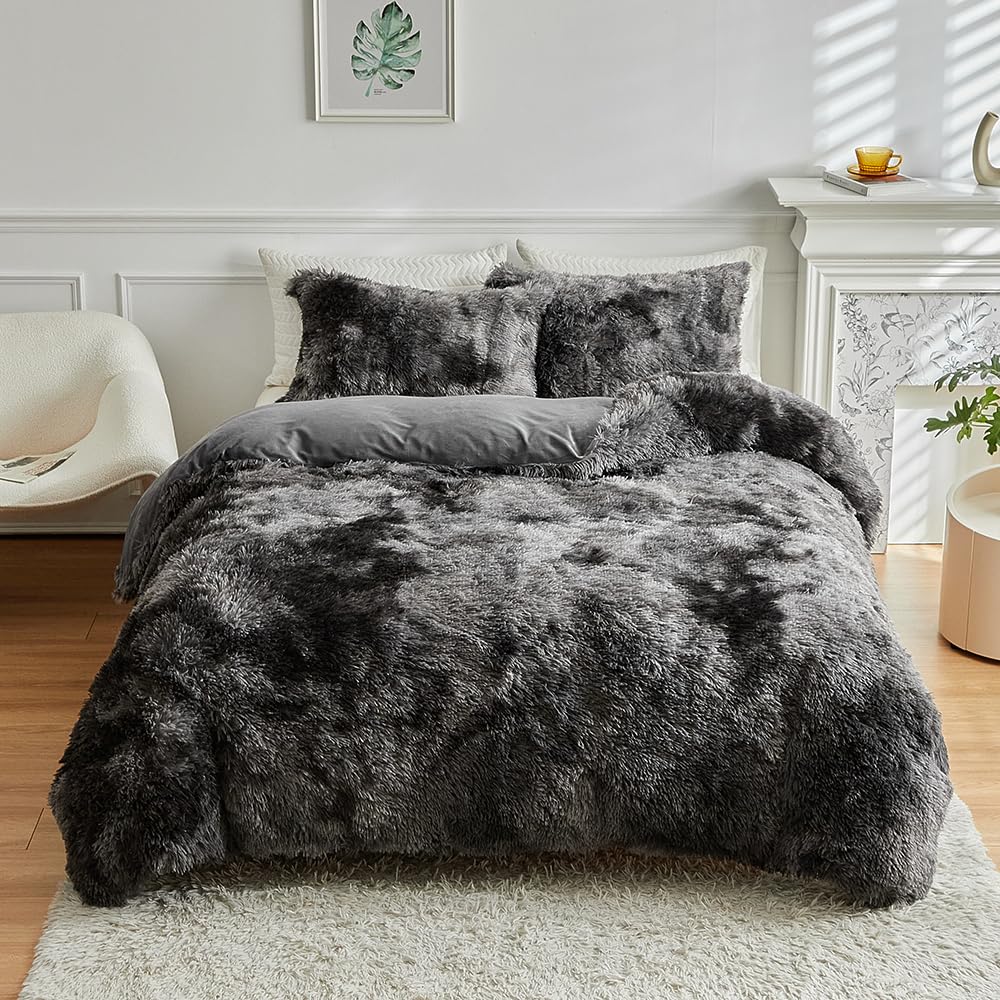 Wajade Faux Fur Plush Tie Dye Dark Grey White Comforter Set Fluffy Fuzzy Shaggy Bedding Set - 3Pc Queen Size Microfiber Soft War