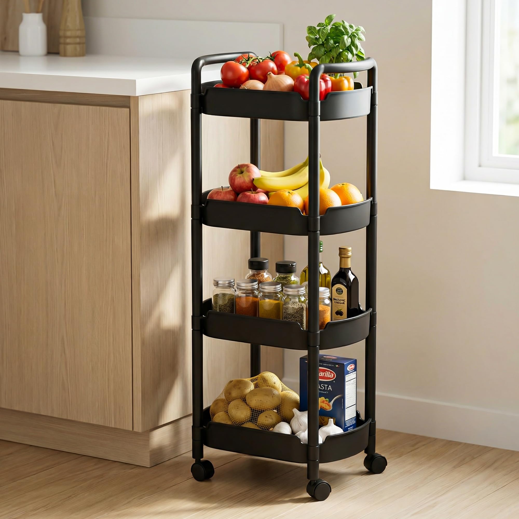 Dailora 4Tier Plastic Rolling Utility Storage Cart With Handle | MultiFunctional Storage Rack Trolley For Office, Living Room,