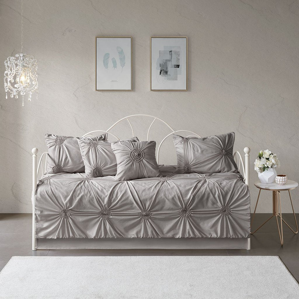 Madison Park Daybed Cover Set-Trendy Design All Season Luxury Bedding With Bedskirt, Matching Shams, Decorative Pillow, Medallion Tufted Dark Grey 75'X39' 6 Piece