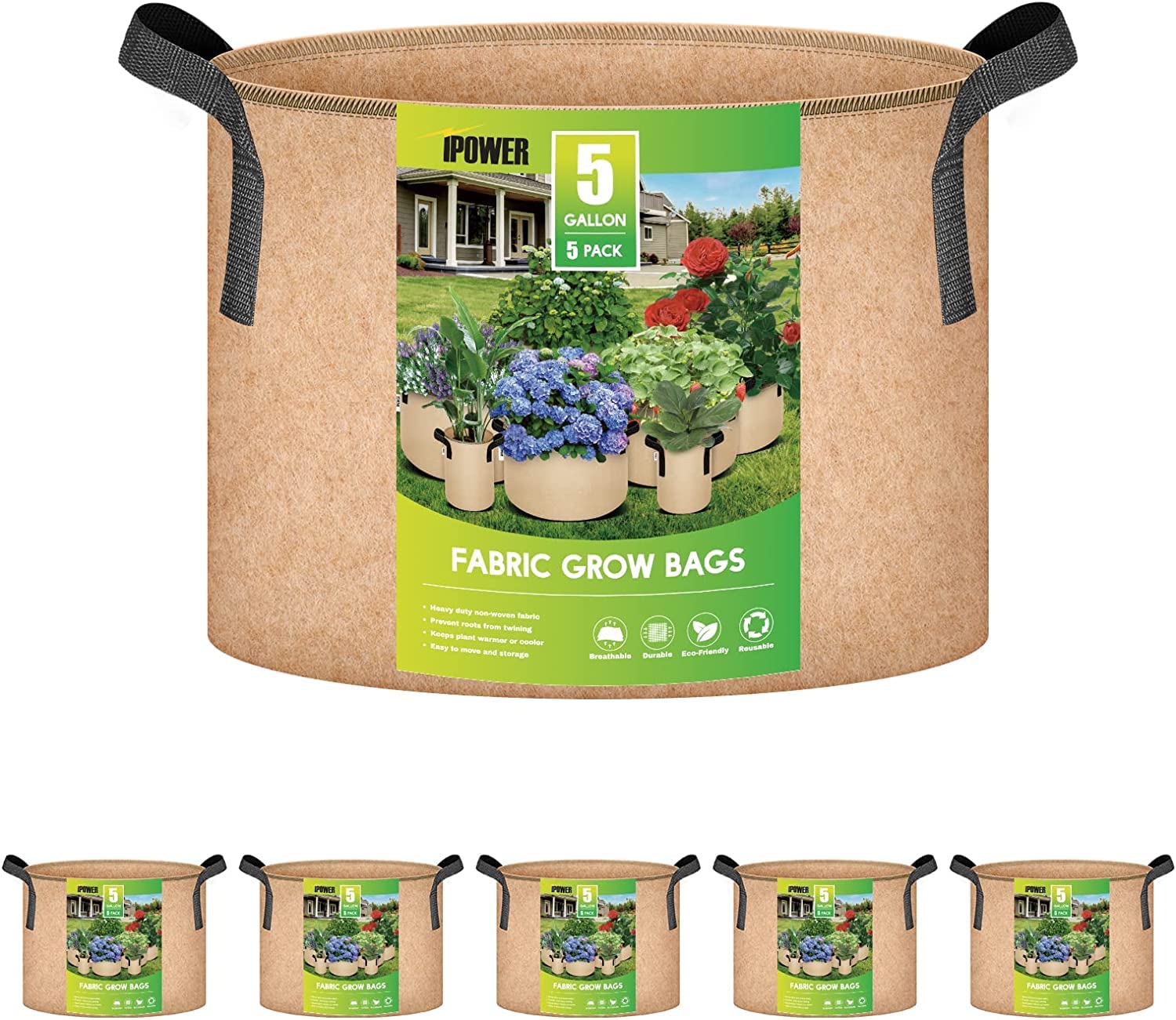 Ipower 5-Pack 5 Gallon Plant Grow Bags Thickened Nonwoven Aeration Fabric Pots Heavy Duty Durable Container, Strap Handles For G