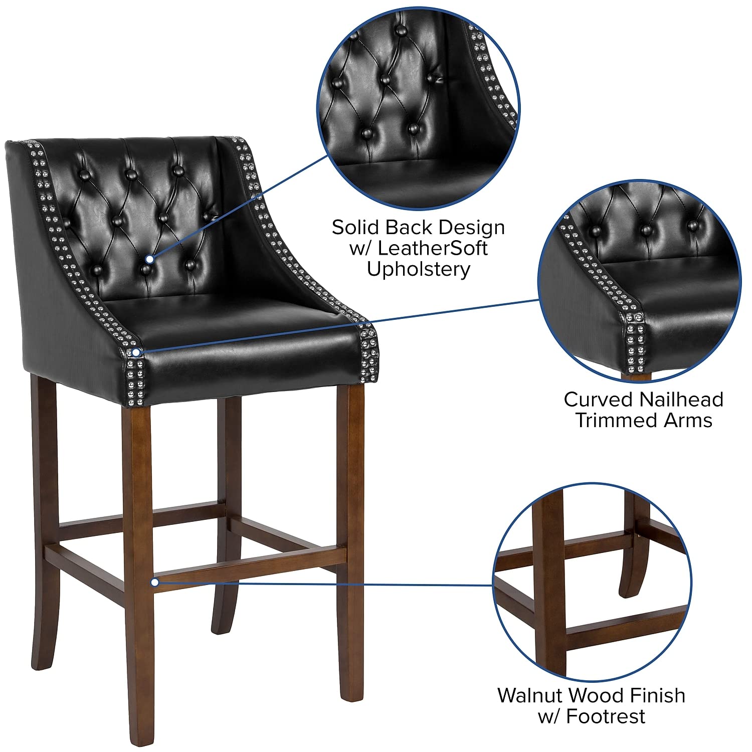 Flash Furniture Carmel Series 30&quot; High Transitional Tufted Walnut Barstool With Accent Nail Trim In Black Leathersoft