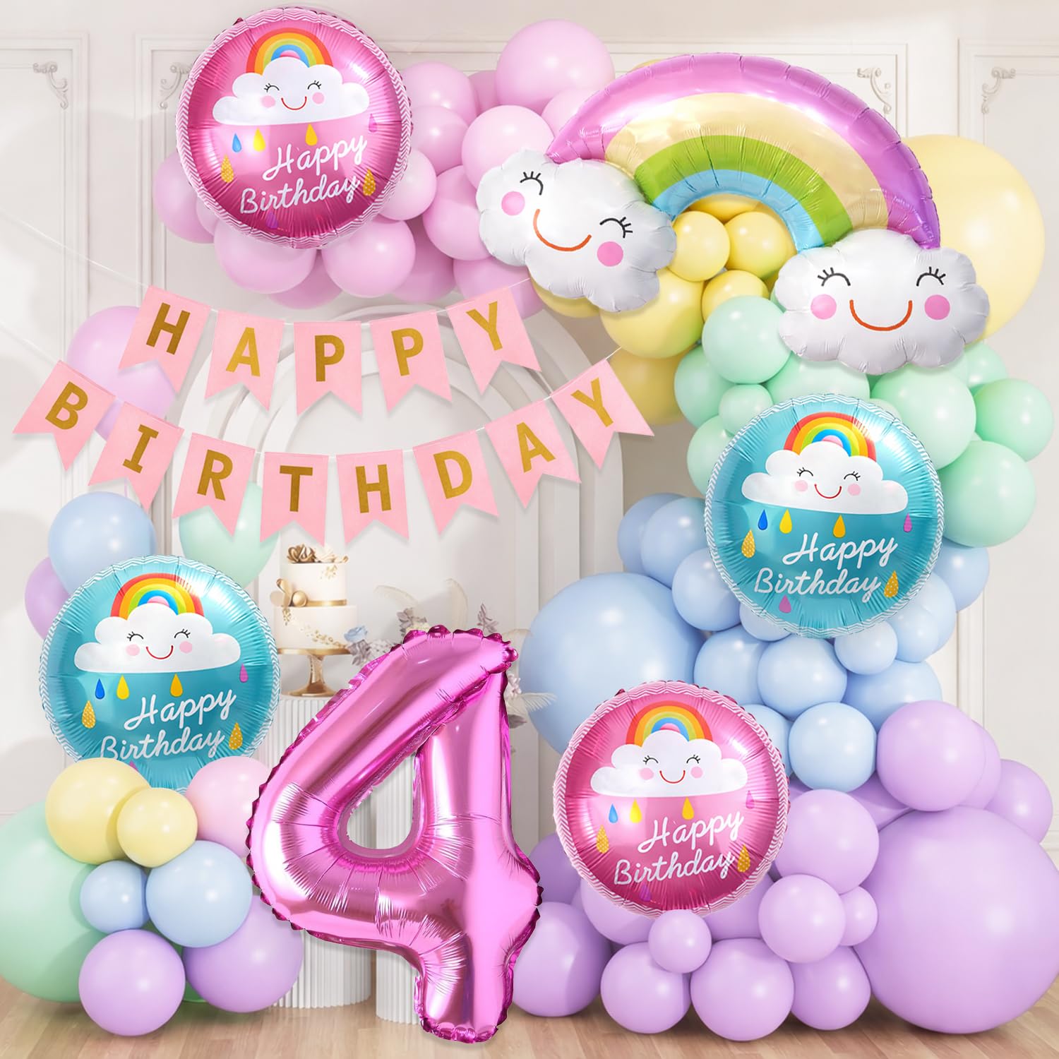 Velunza Set Of 59 Pcs Happy 4Th Birthday Decoration Kit With Number 4 Foil Balloon, Rainbow Theme, Fourth Birthday Decoration Fo