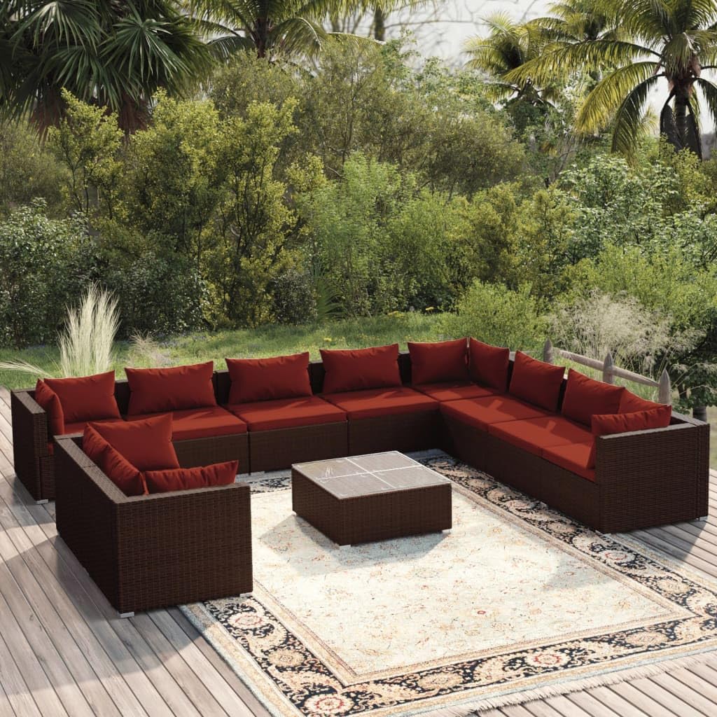 vidaXL Patio Lounge Set with Cushions - Stylish Poly Rattan Construction - Modular Design - Outdoor Use - Brown with Cinnamon Red Cushions
