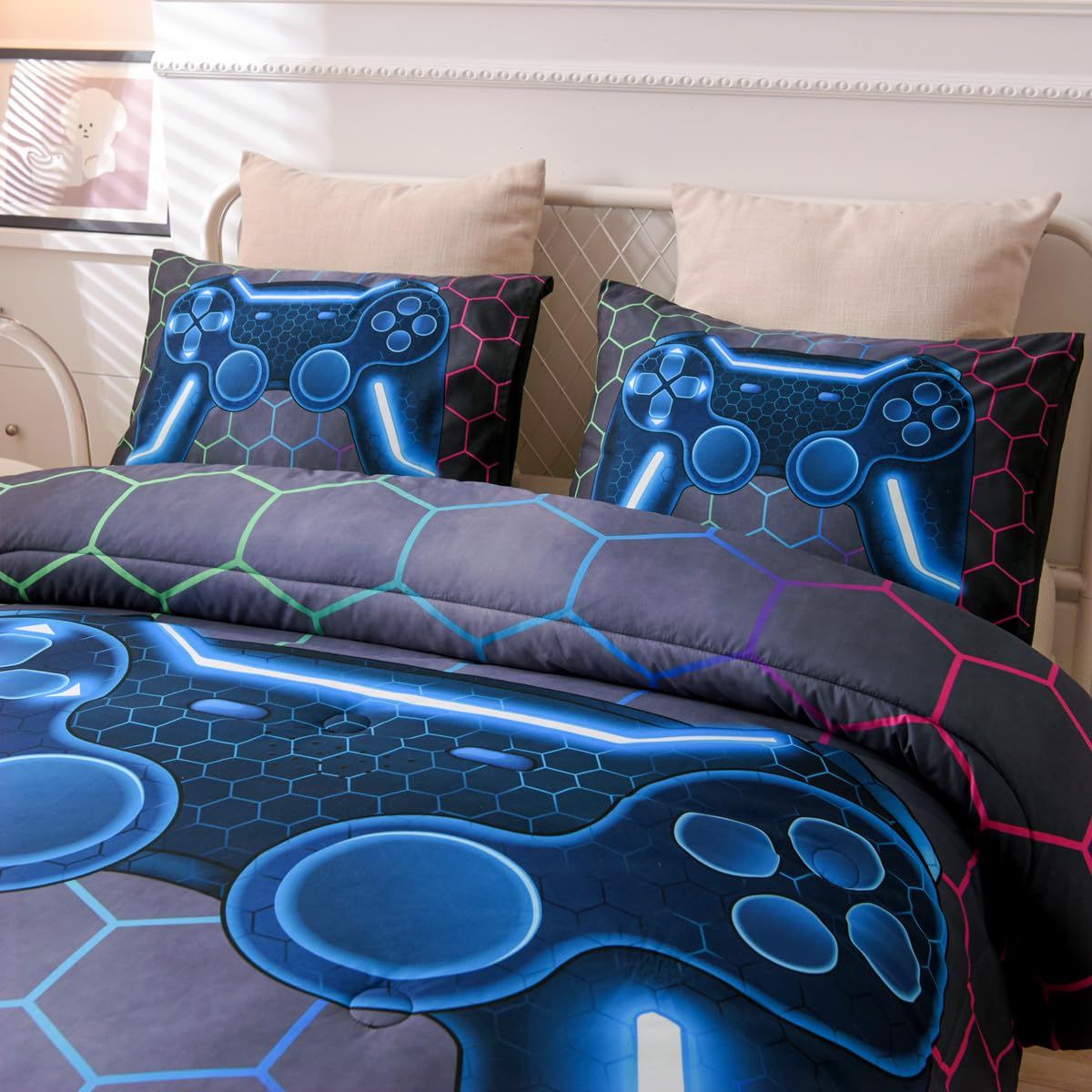Ntbed Game Console Comforter Set For Boys Girls Kids 3D Gaming Geometric Lightweight Microfiber Gamer Bedding Sets (Multi, Twin