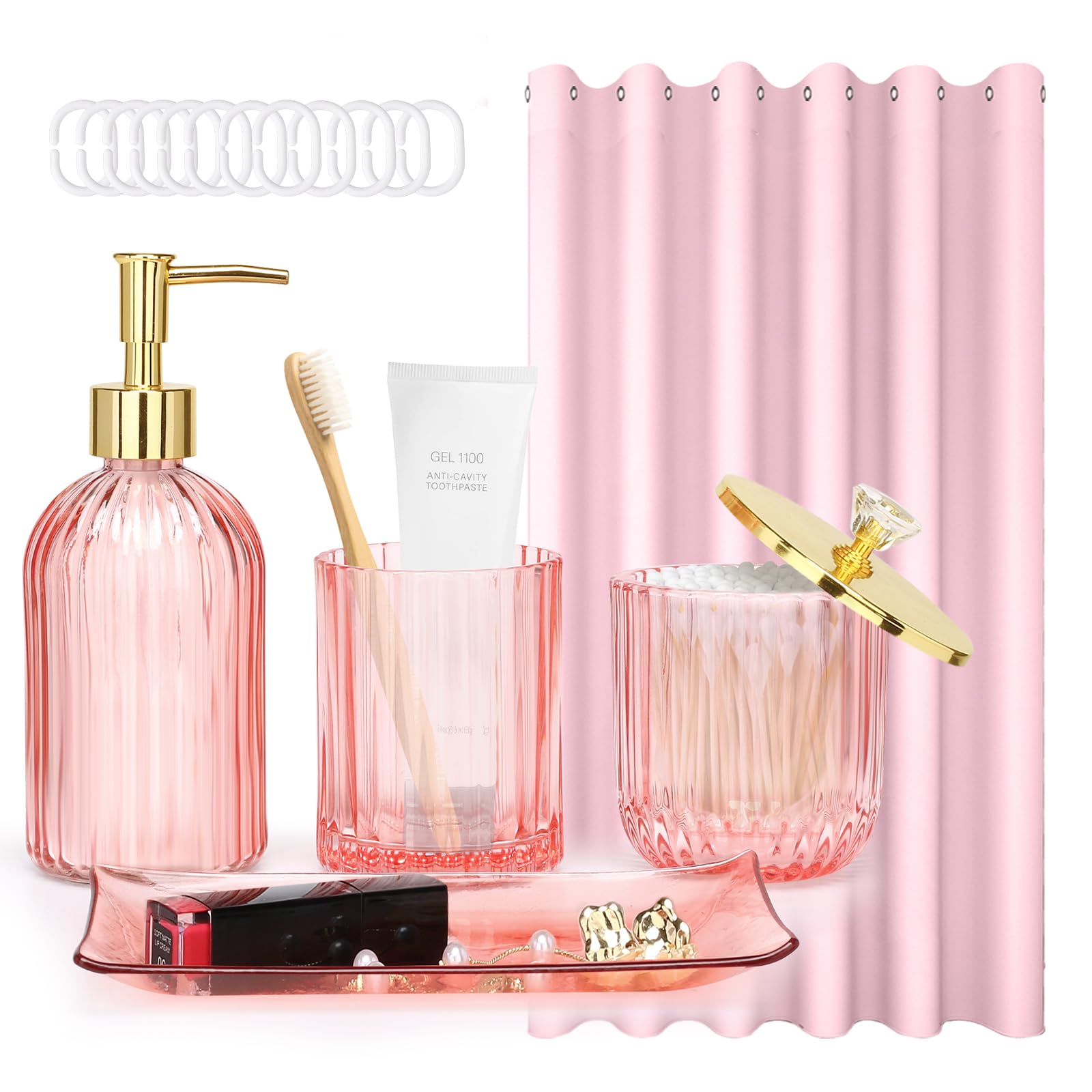 Bathroom Accessories with Shower Curtain,Pink Glass Bathroom Accessory Sets of Soap Dispenser, Toothbrush Holder, Apothecary Jar