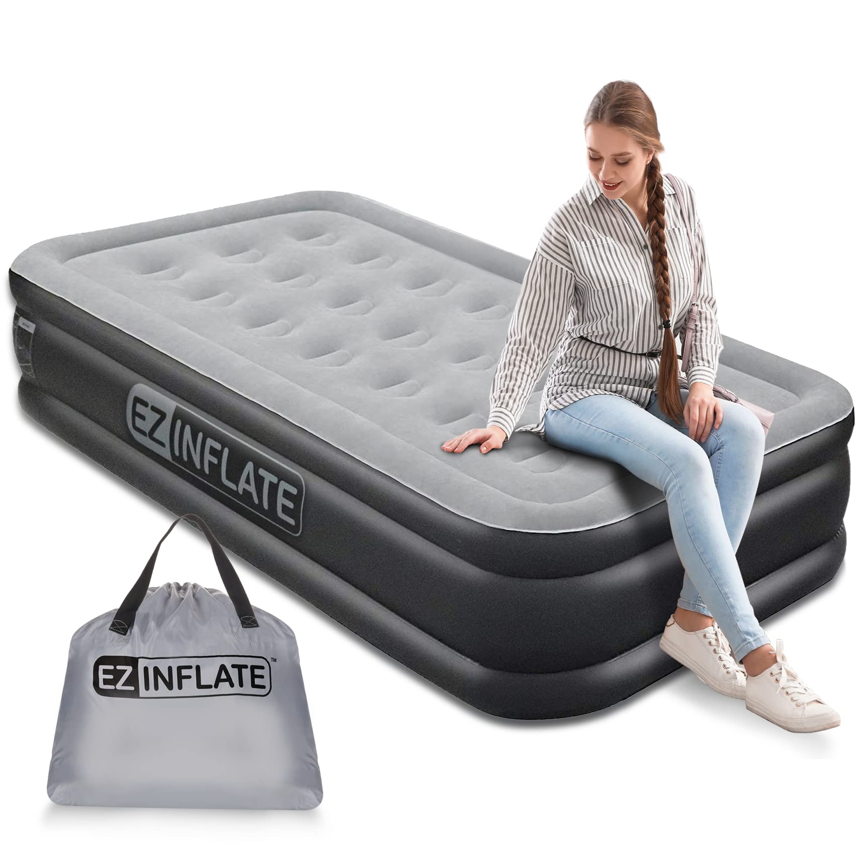 Ez Inflate Air Mattress With Built In Pump - Twin Size Double-High Inflatable Mattress With Flocked Top - Easy Inflate, Waterpro