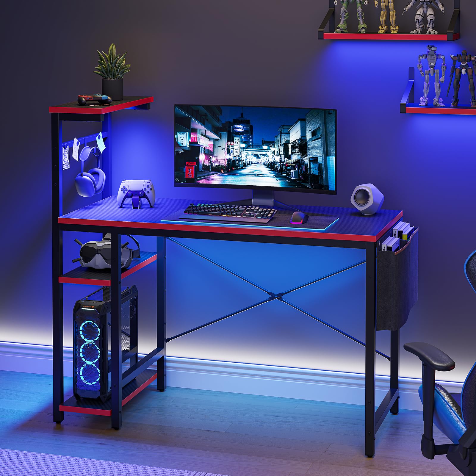 Bestier Gaming Desk with LED Lights, 44 Inch PC Gamer Desk for Small Spaces, Computer Desk with Reversible Storage Shelves & Sid