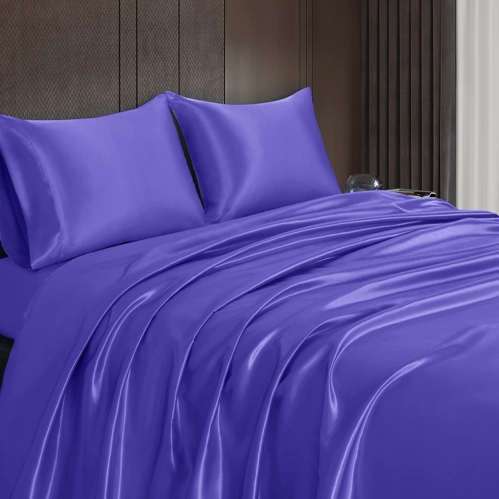 Homiest 4Pcs Satin Sheets Set Luxury Silky Satin Bedding Set With Deep Pocket, 1 Fitted Sheet + 1 Flat Sheet + 2 Pillowcases (Full Size, Periwinkle Blue)