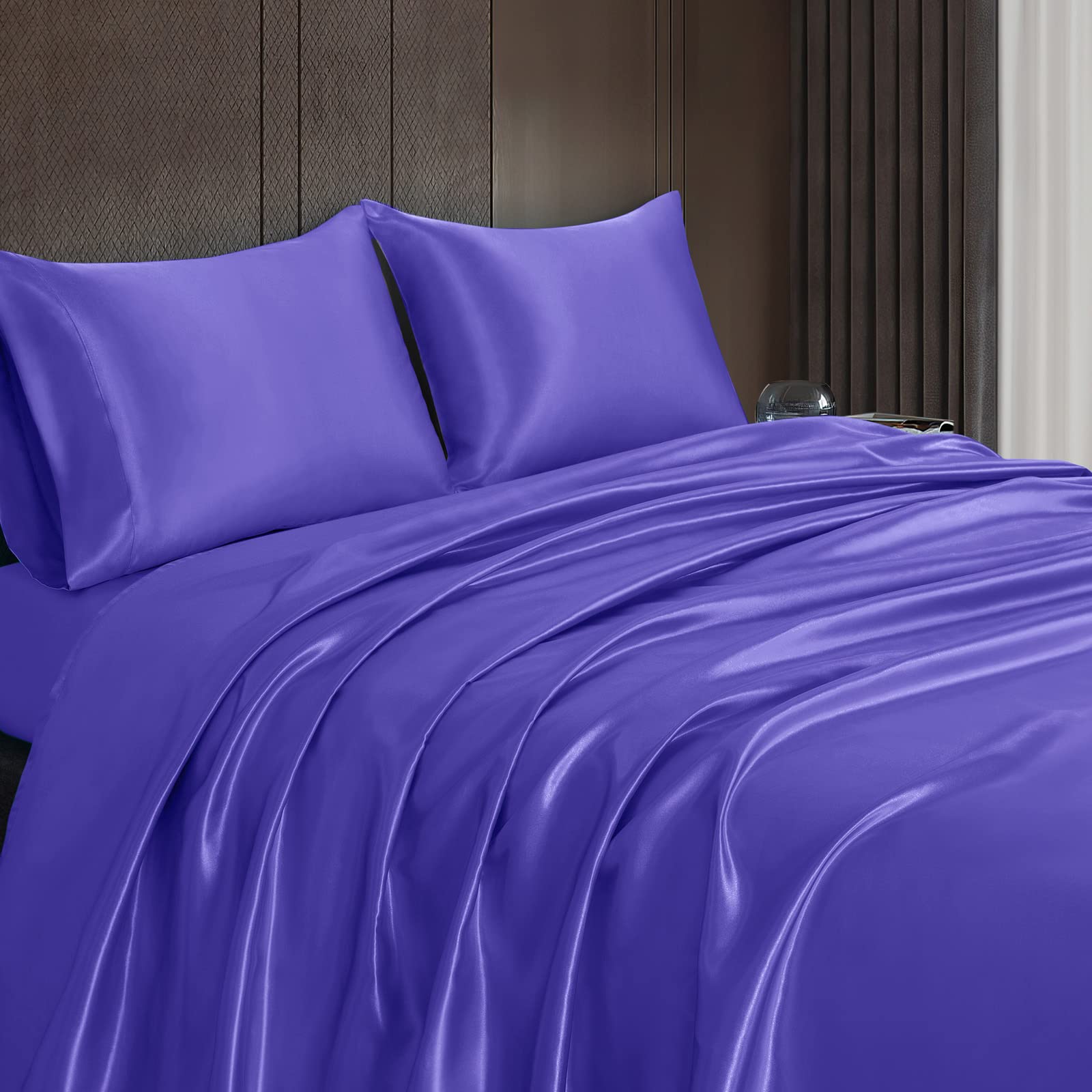 Homiest 4Pcs Satin Sheets Set Luxury Silky Satin Bedding Set With Deep Pocket, 1 Fitted Sheet + 1 Flat Sheet + 2 Pillowcases (Full Size, Periwinkle Blue)