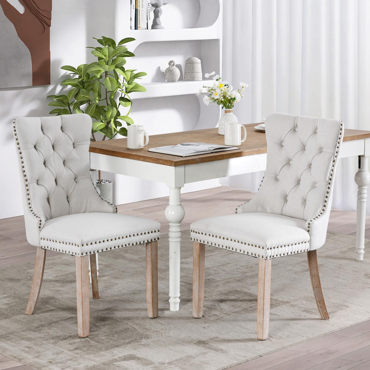 Soarflash Linen Fabric Dining Chair Set Of 2, Upholstered Tufted Dining Room Chair With Nailhead Trim And Solid Light Color Wood