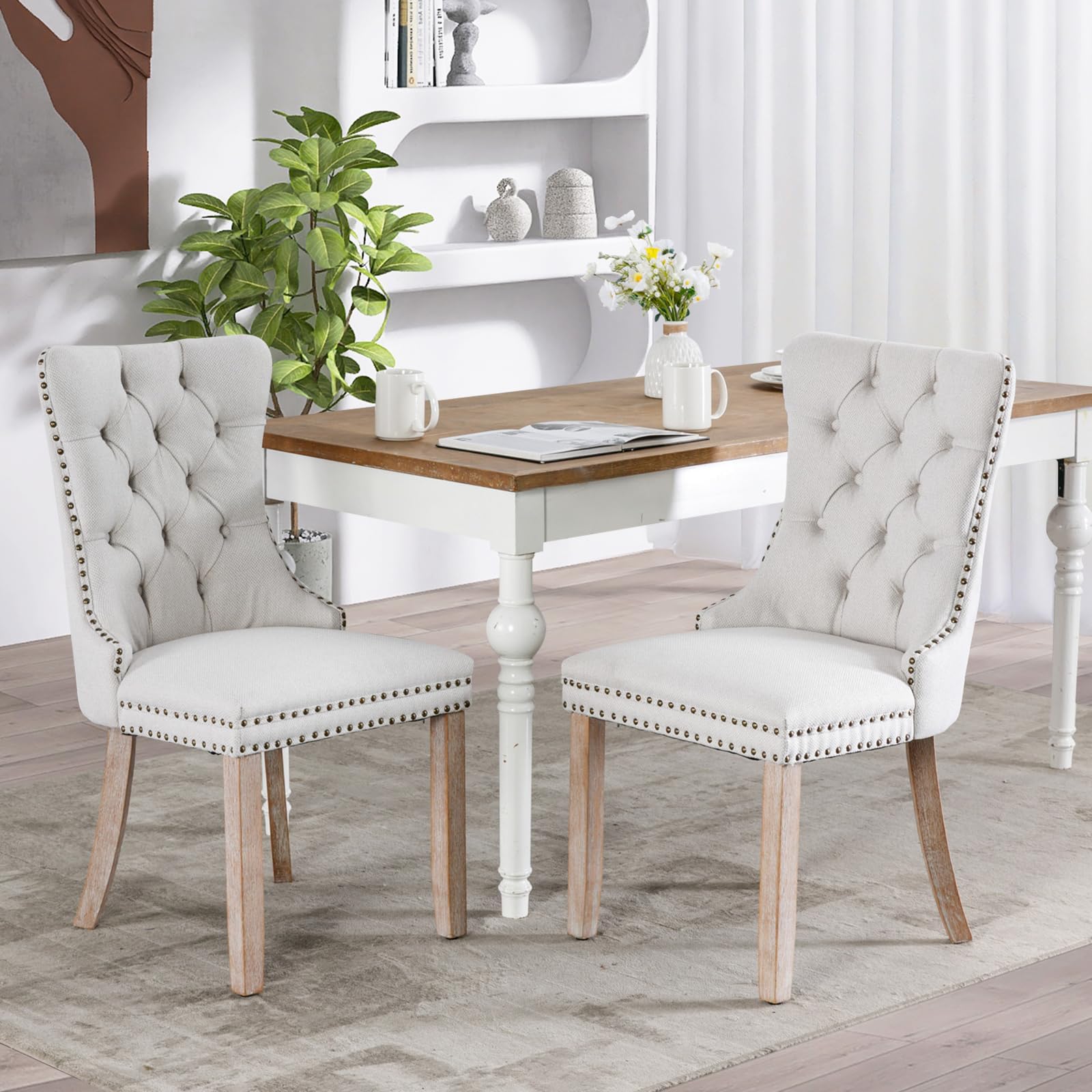 Soarflash Linen Fabric Dining Chair Set Of 2, Upholstered Tufted Dining Room Chair With Nailhead Trim And Solid Light Color Wood