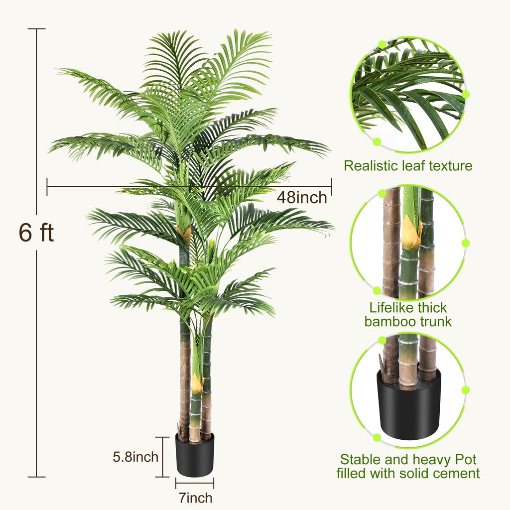 Keeplush 6Ft Tall Triple Golden Cane Palm Artificial Tree Large Tropical Palm Tree Uv Resistant Fake Plant In Pot For Indoor Out