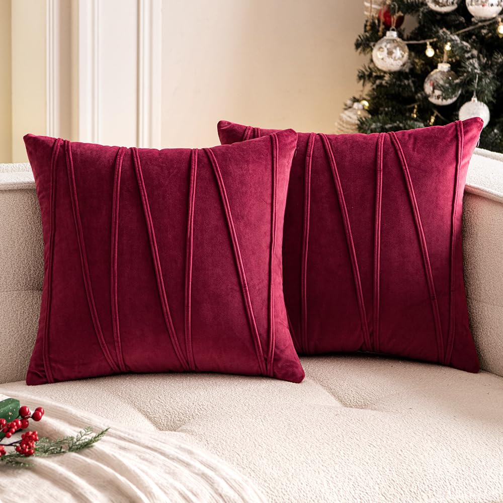 Woaboy Pack Of 2 Christmas Striped Velvet Throw Pillow Covers Burgundy Modern Decorative Couch Throws Square Soft Cozy Pillowcas