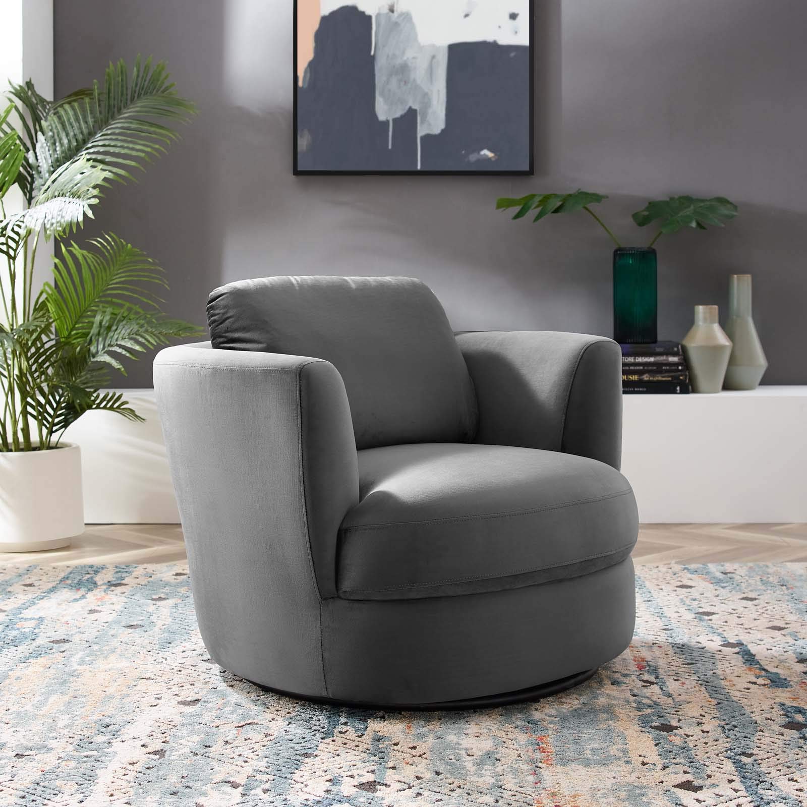 Modway Pirouette Channel Tufted Performance Velvet Swivel Chair In Gray, Grey