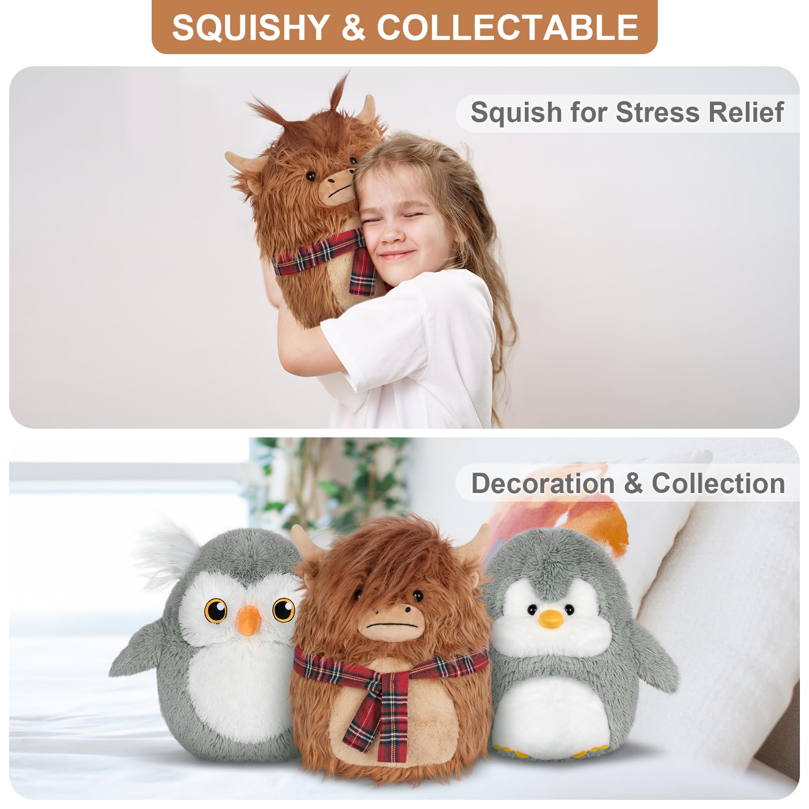Suzzipals 14' Highland Cow Stuffed Animals Plush Pillows, Scarf Scottish Highland Cattle Plushies, Soft Stuffed Cow Plush Toys