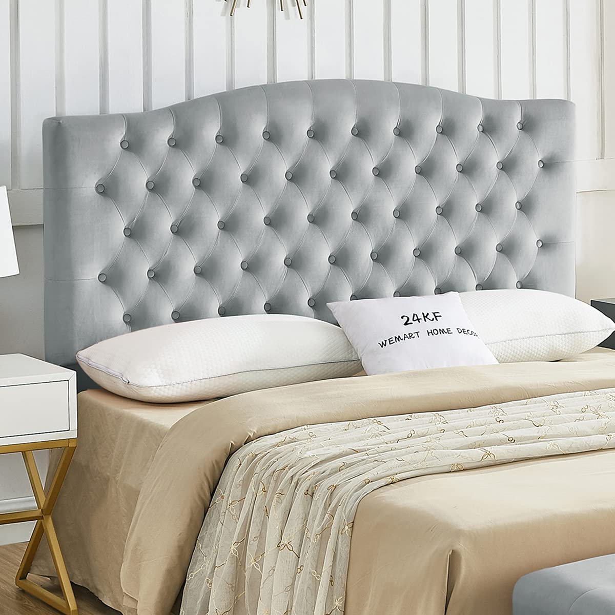 24KF Velvet Upholstered Tufted Button Queen Headboard and Comfortable Fashional Padded Queen/Full Size headboard- Gray