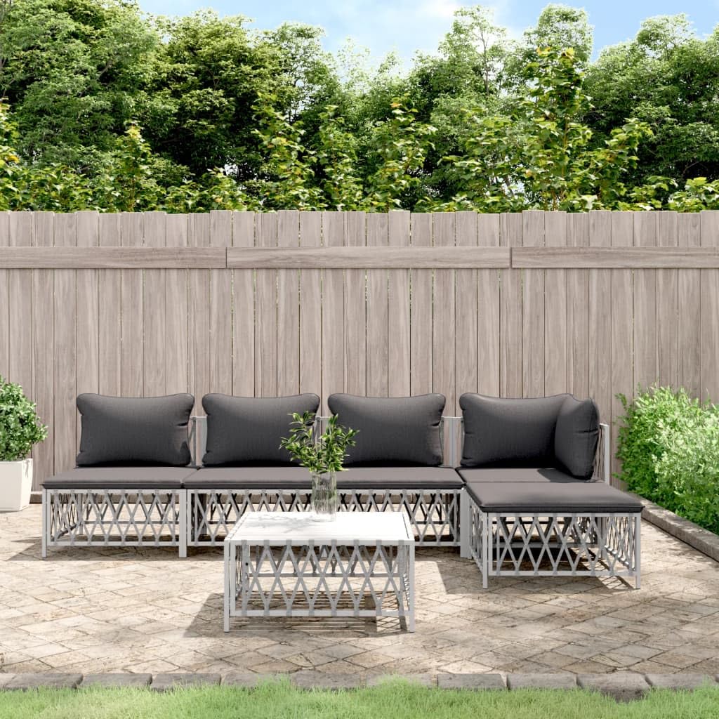 vidaXL 6 Piece Patio Lounge Set with Steel Frame, White Woven Fabric Construction, Modular Design, and Thick Cushions for Comfort and Durability