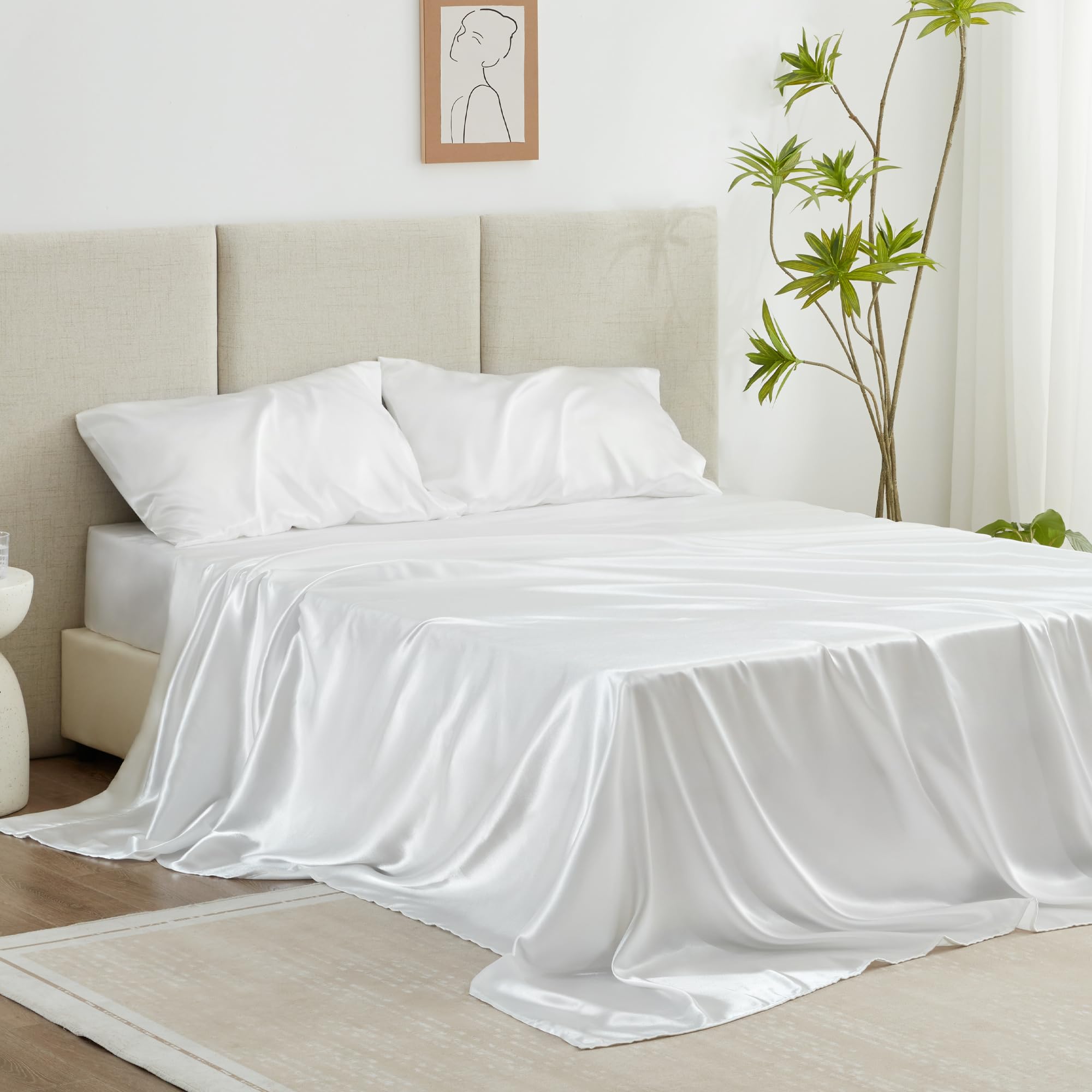 Love'S Cabin Satin King Sheet Sets - 4 Piece White Silky Satin Sheets King Size Bed Set With Deep Pocket, Luxury Silk Feel King Size Satin Sheet Set (1 Flat Sheet,1 Fitted Sheet,2 Pillow Cases)