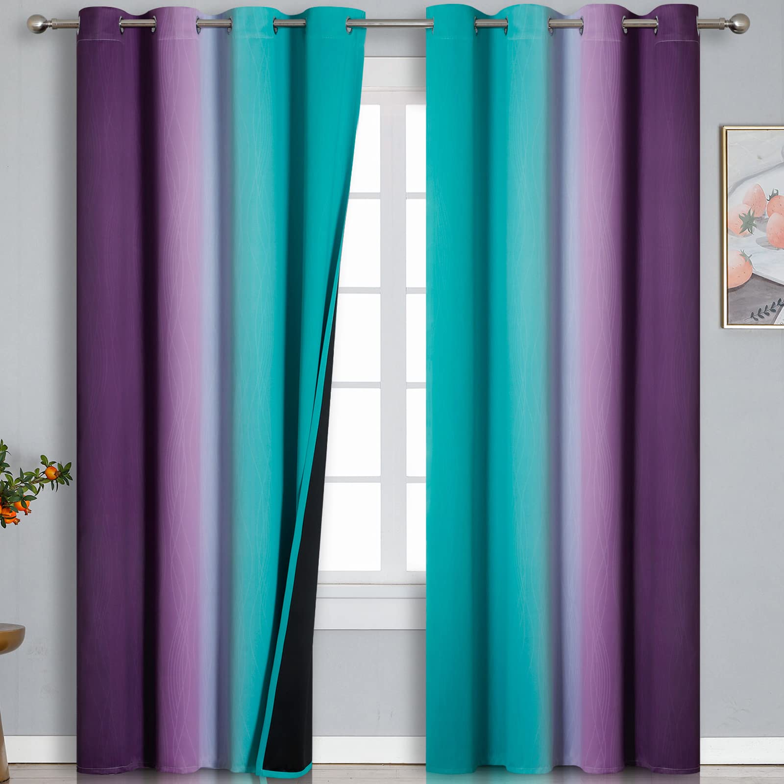 Estelar Textiler Teal And Purple Blackout Curtains For Bedroom, Thermal Insulated Drapes 108 Inches Long, Full Light Blocking En