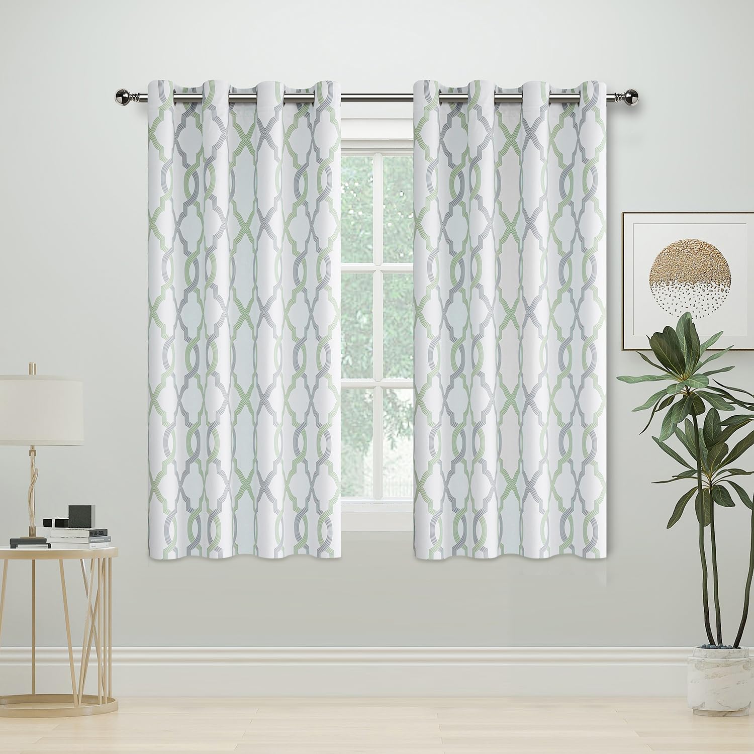 Ugoutry Green Grey Moroccan Full Blackout Curtains 63 Inch Length, Thermal Insulated Grommet Window Treatments For Living Room,
