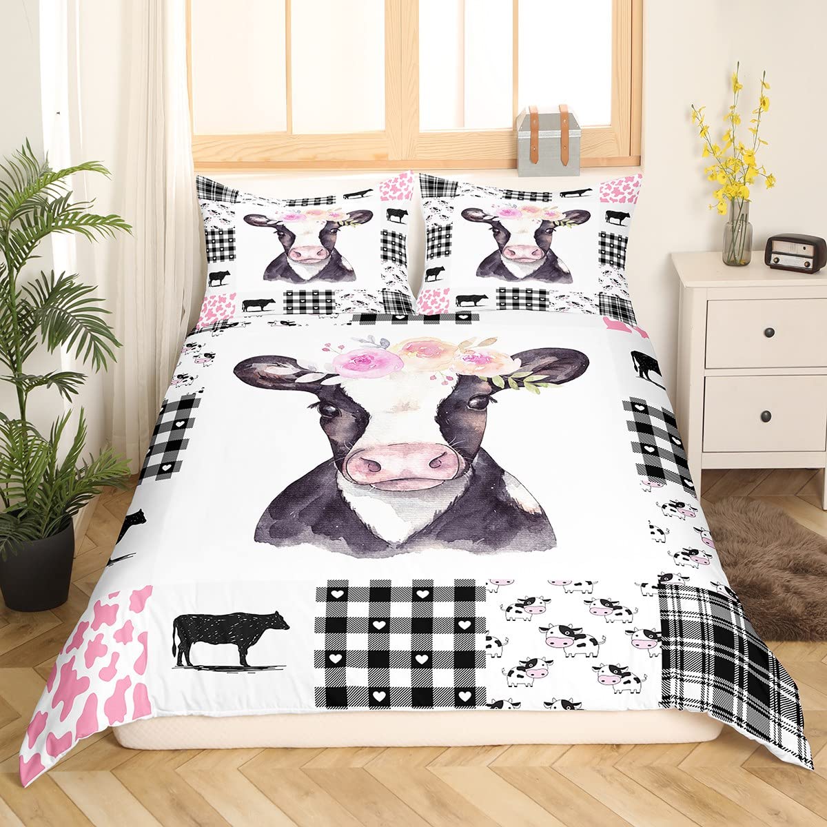 Feelyou Cow Print Duvet Cover Queen Size Cartoon Milk Cow Comforter Cover Floral Print Bedding Set Black White Pink Bedspread Co